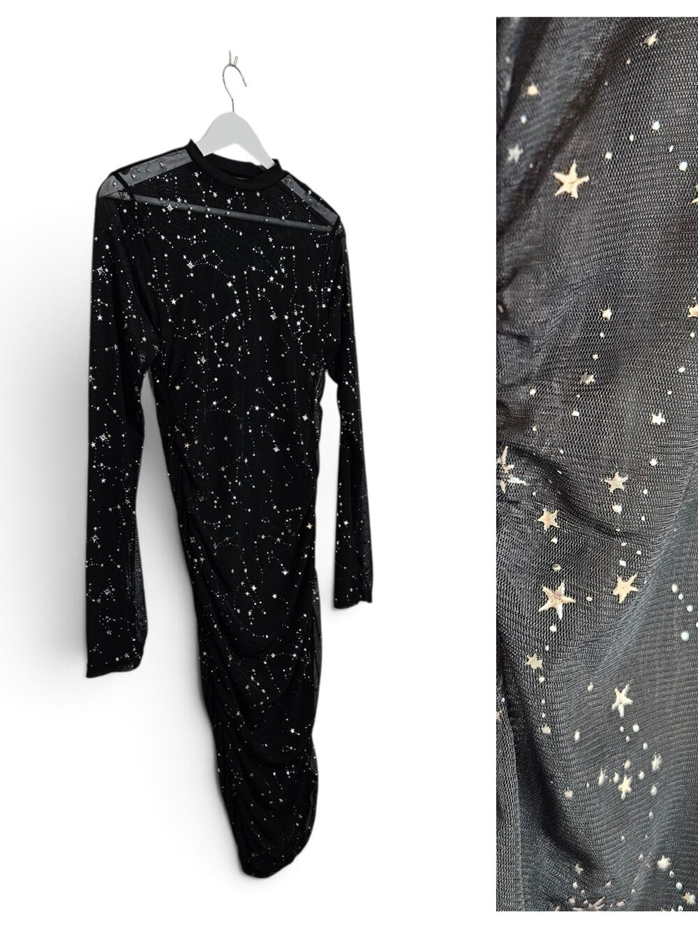 Women's Dress XS/S Tag Sheer Mesh Ruched Celestial Stars Bodycon Black Silver